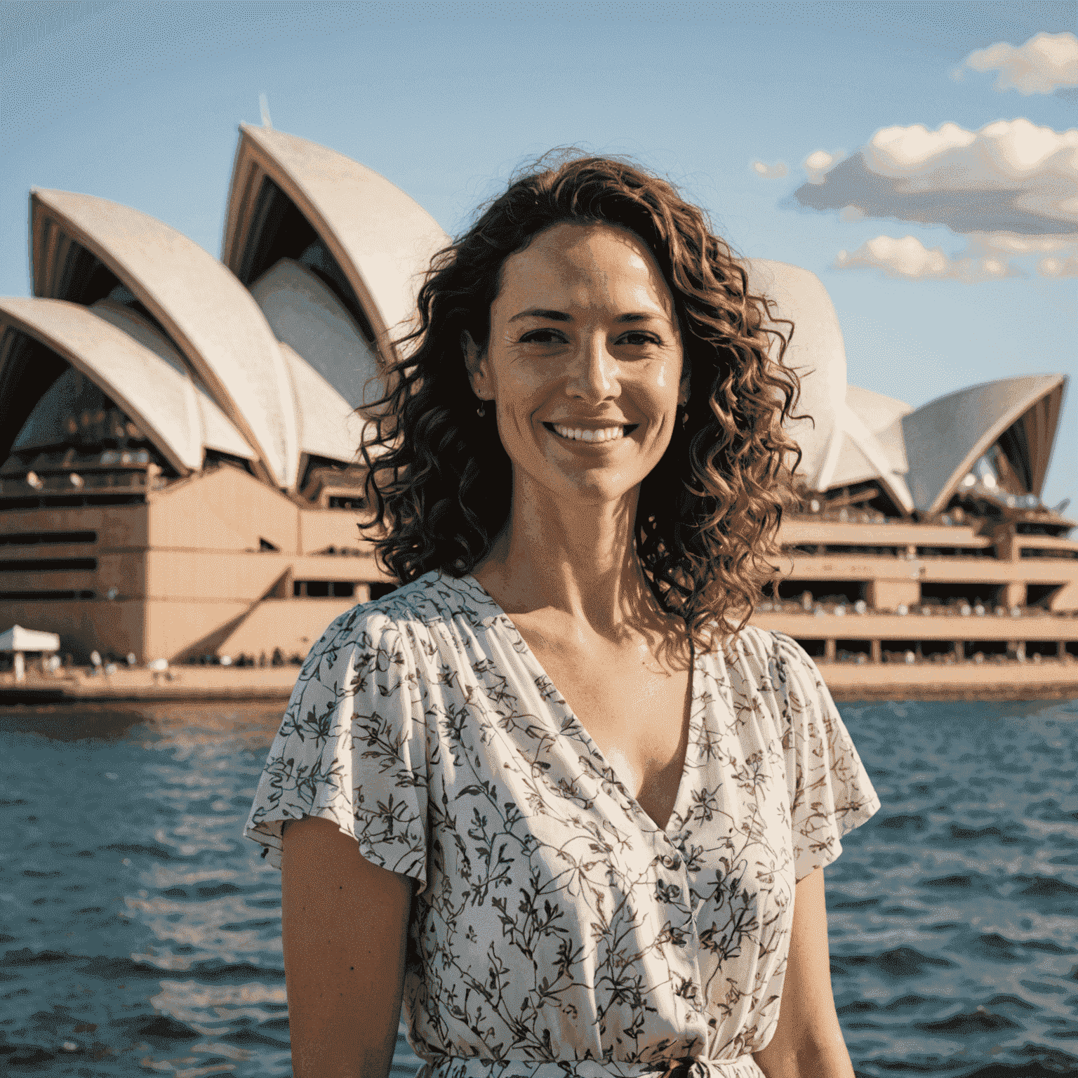 Portrait of Sarah Thompson, a woman in her 30s with curly brown hair and a warm smile, standing in front of the Sydney Opera House