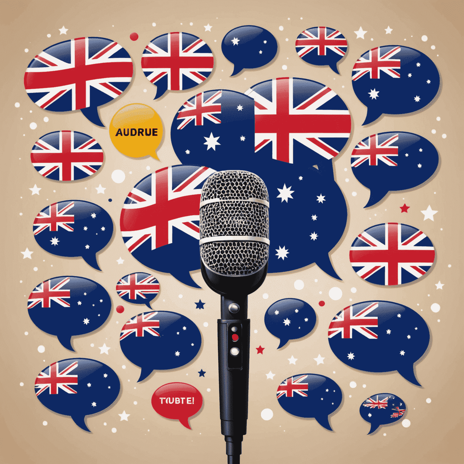 A microphone with Australian flag, surrounded by speech bubbles containing common Australian phrases and pronunciations