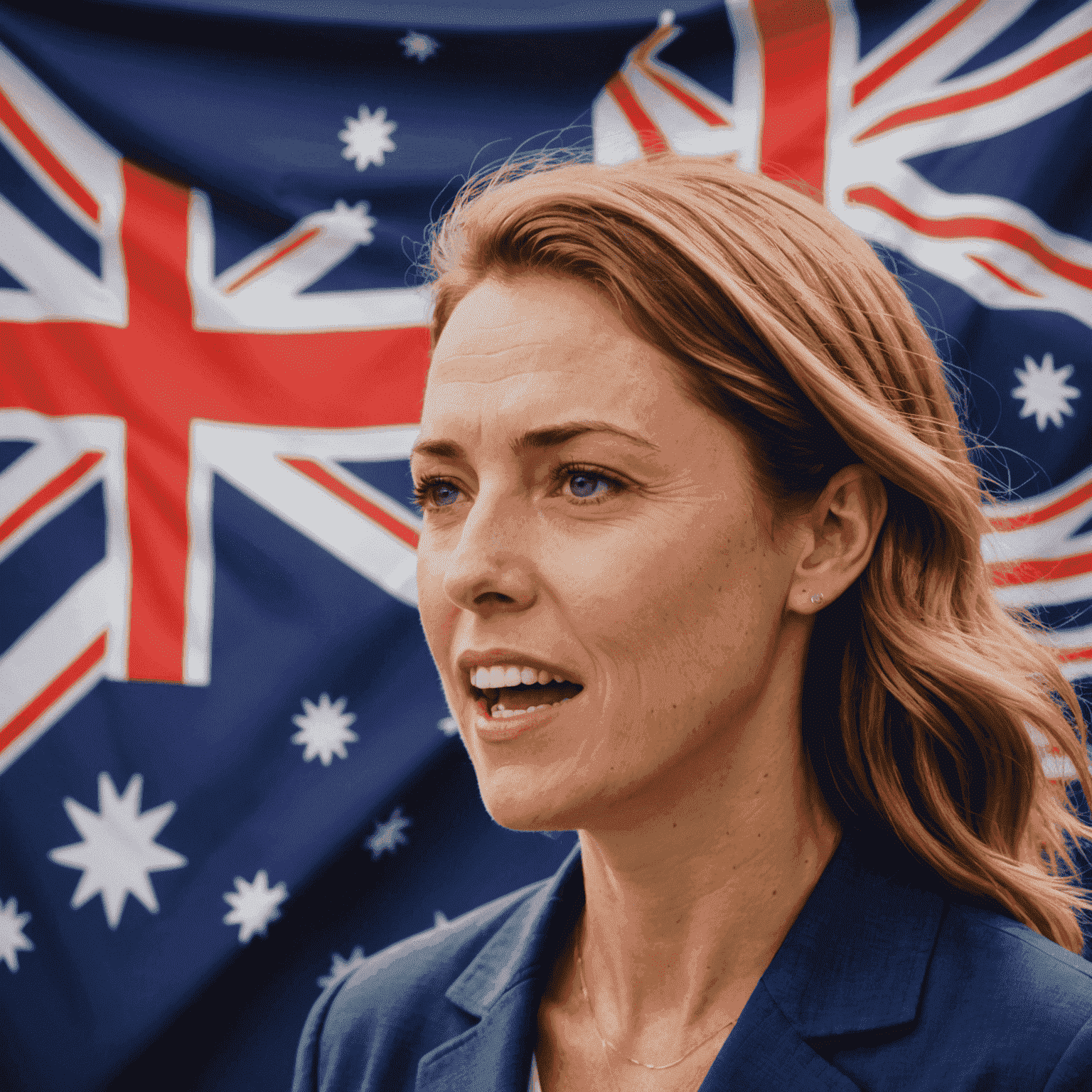 A person speaking with an Australian flag in the background, demonstrating various mouth positions for Australian accent pronunciation