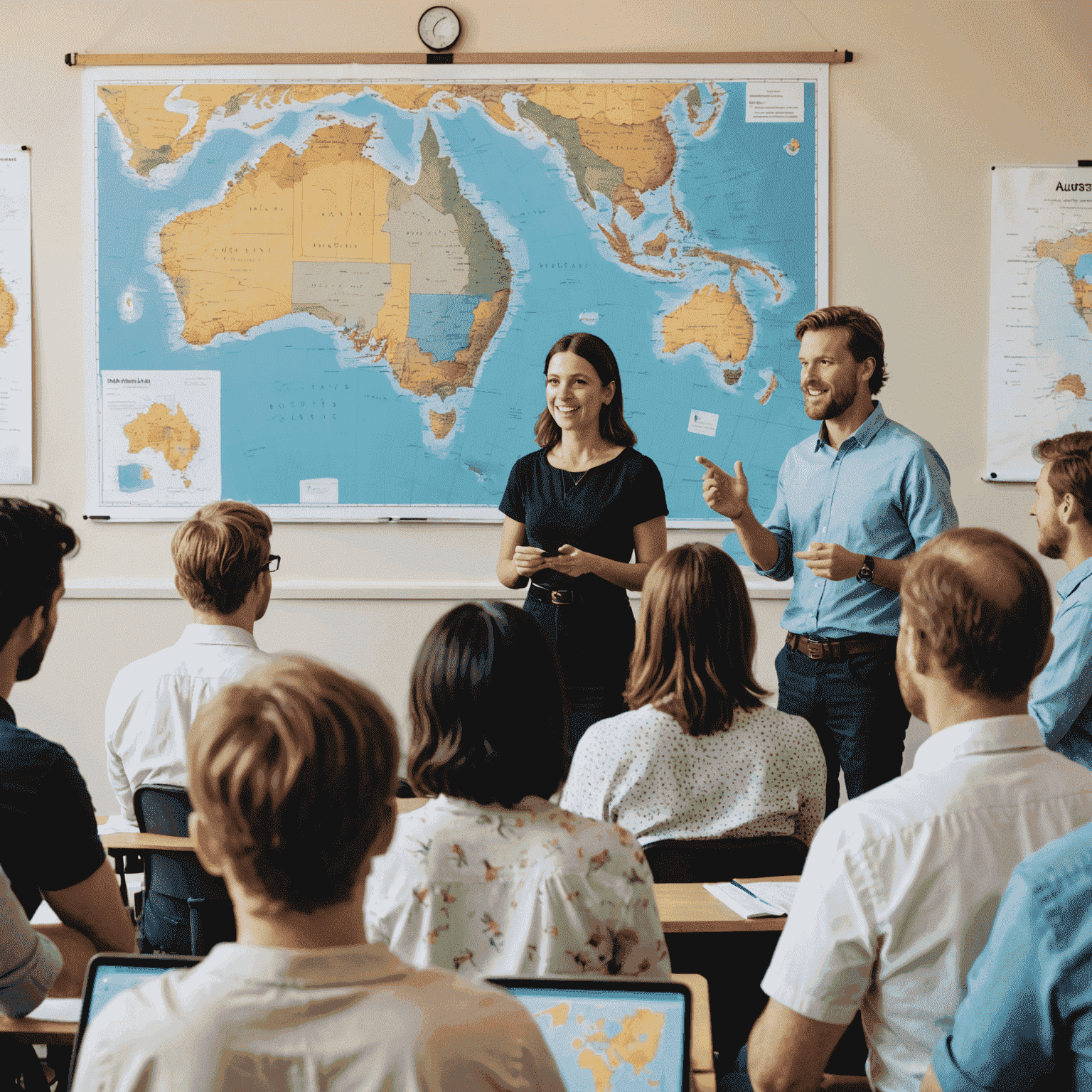 A diverse group of people practicing Australian accent in a speech workshop, with a map of Australia and phonetic charts visible in the background