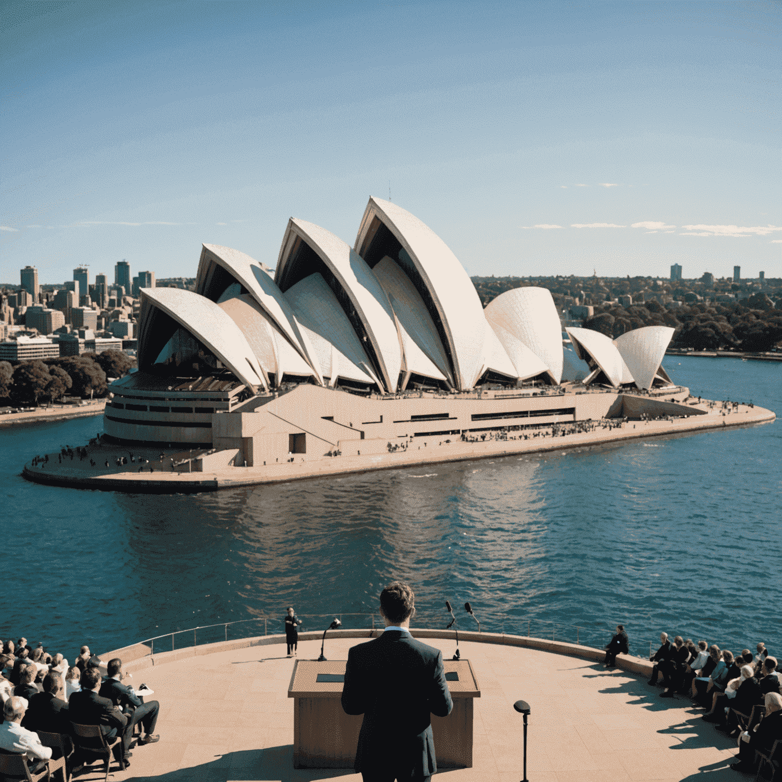 A panoramic view of the Sydney Opera House with a person confidently speaking at a podium in the foreground, symbolizing public speaking in Australia