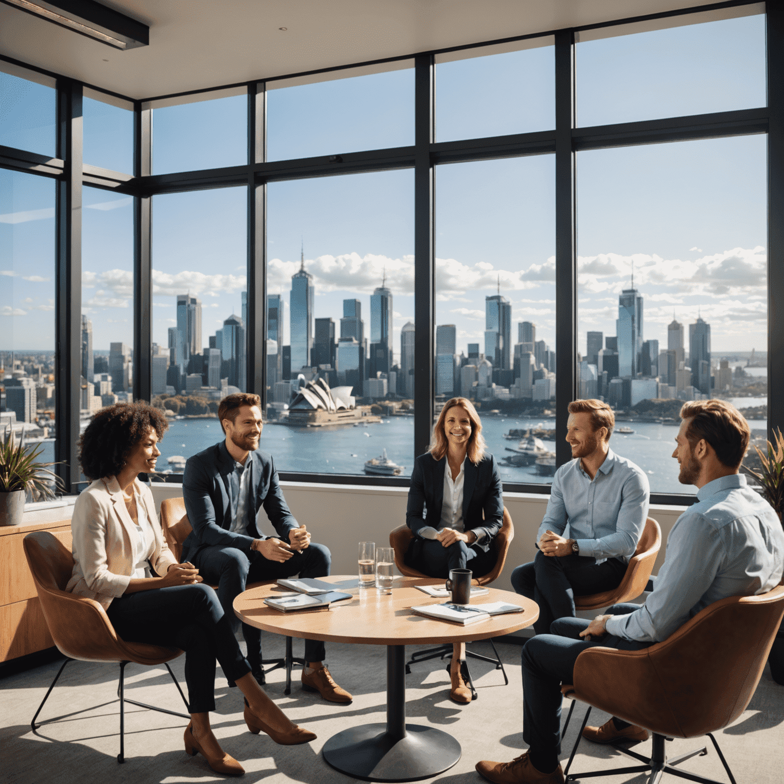 A diverse group of professionals in a modern Australian office space, engaged in a casual yet productive meeting. The background shows a view of Sydney's skyline through large windows.