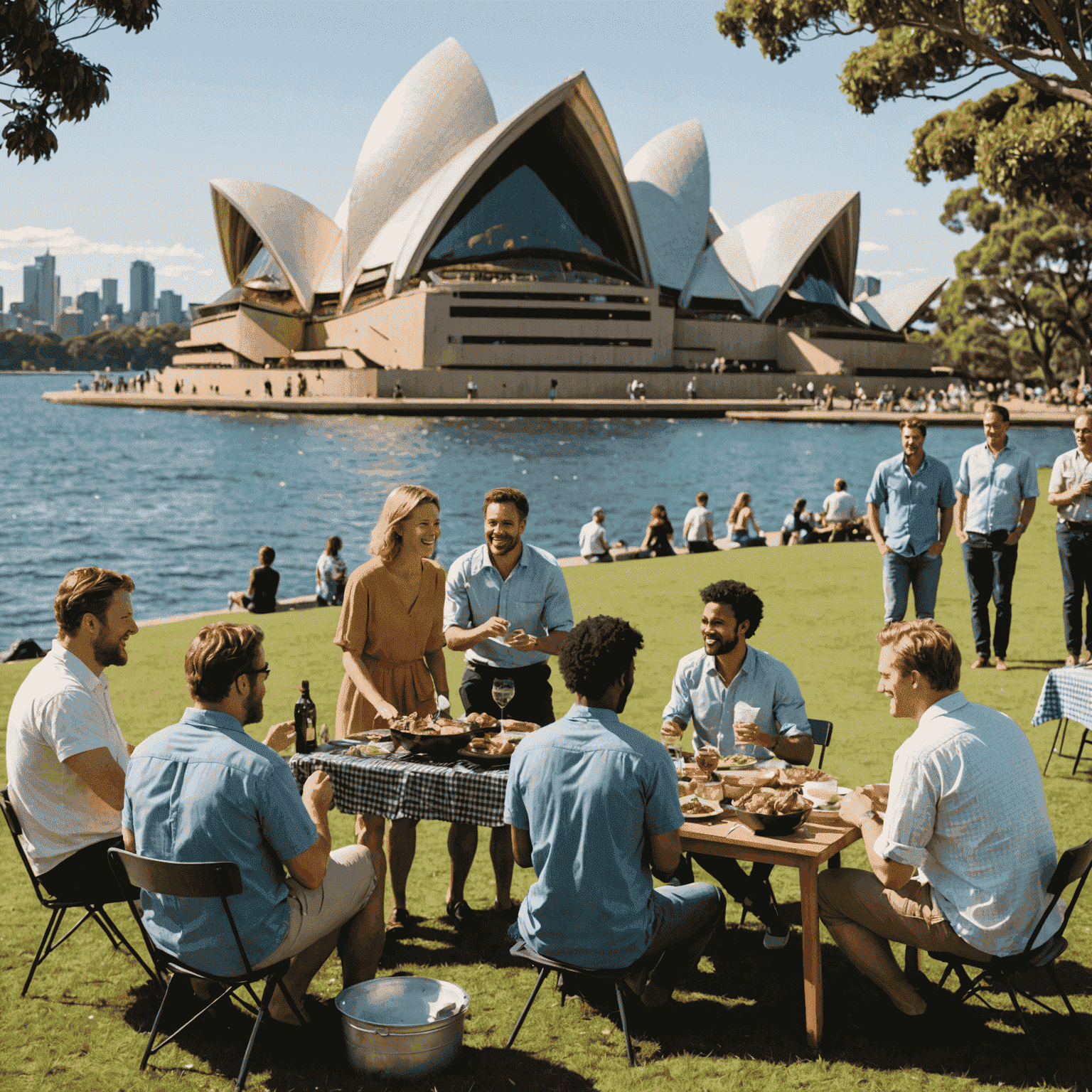 A diverse group of Australians chatting at a backyard barbecue, with the Sydney Opera House visible in the background