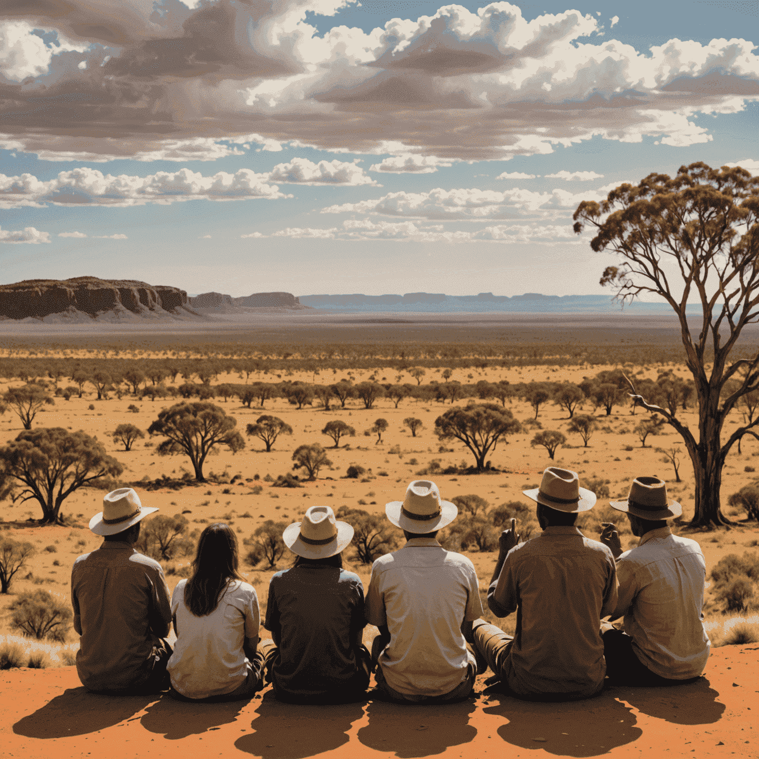 A panoramic view of the Australian outback with a group of diverse people chatting and using hand gestures, symbolizing the rich tapestry of Australian colloquial language