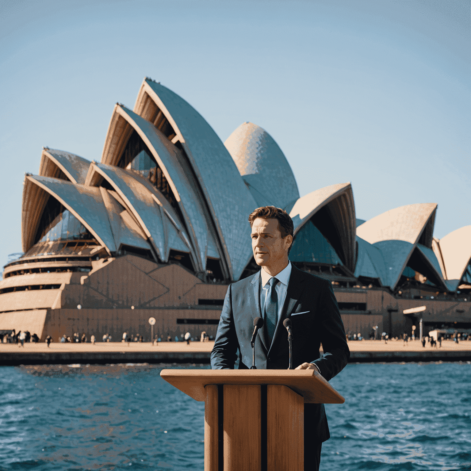 A person confidently speaking at a podium with Sydney Opera House in the background