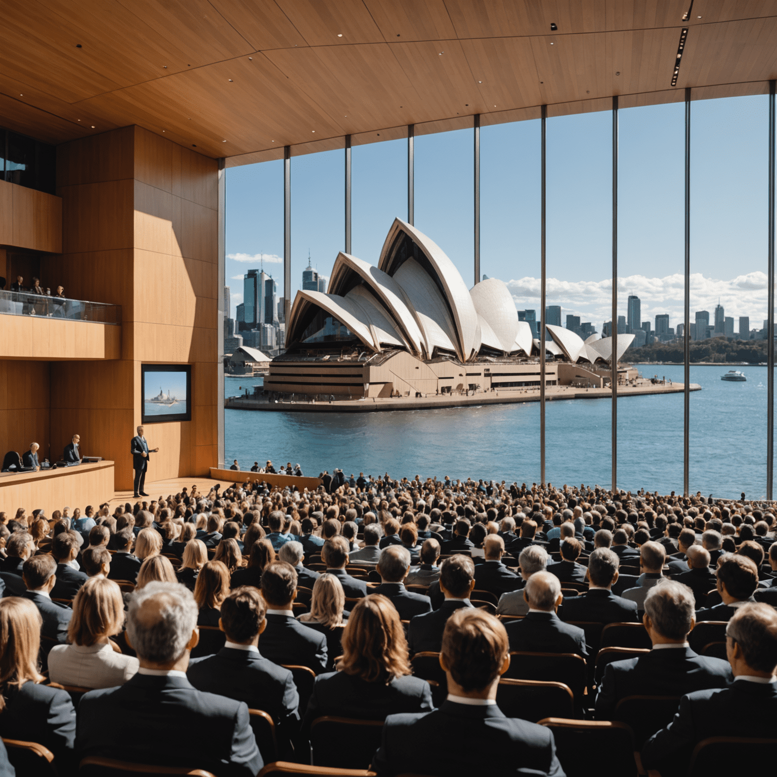 A confident speaker addressing an audience in an Australian conference hall, with iconic Sydney Opera House visible through windows