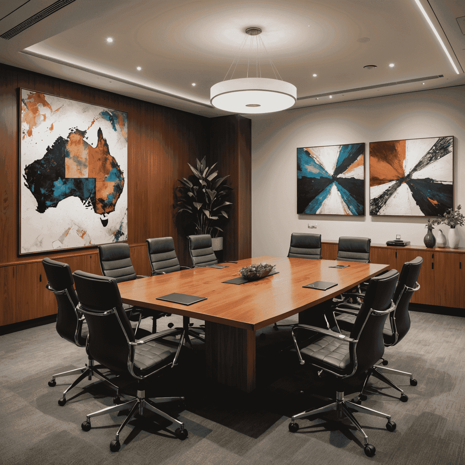An Australian boardroom with a mix of formally and casually dressed professionals. The room features modern tech alongside Aboriginal art, symbolizing the blend of traditional and contemporary business practices.