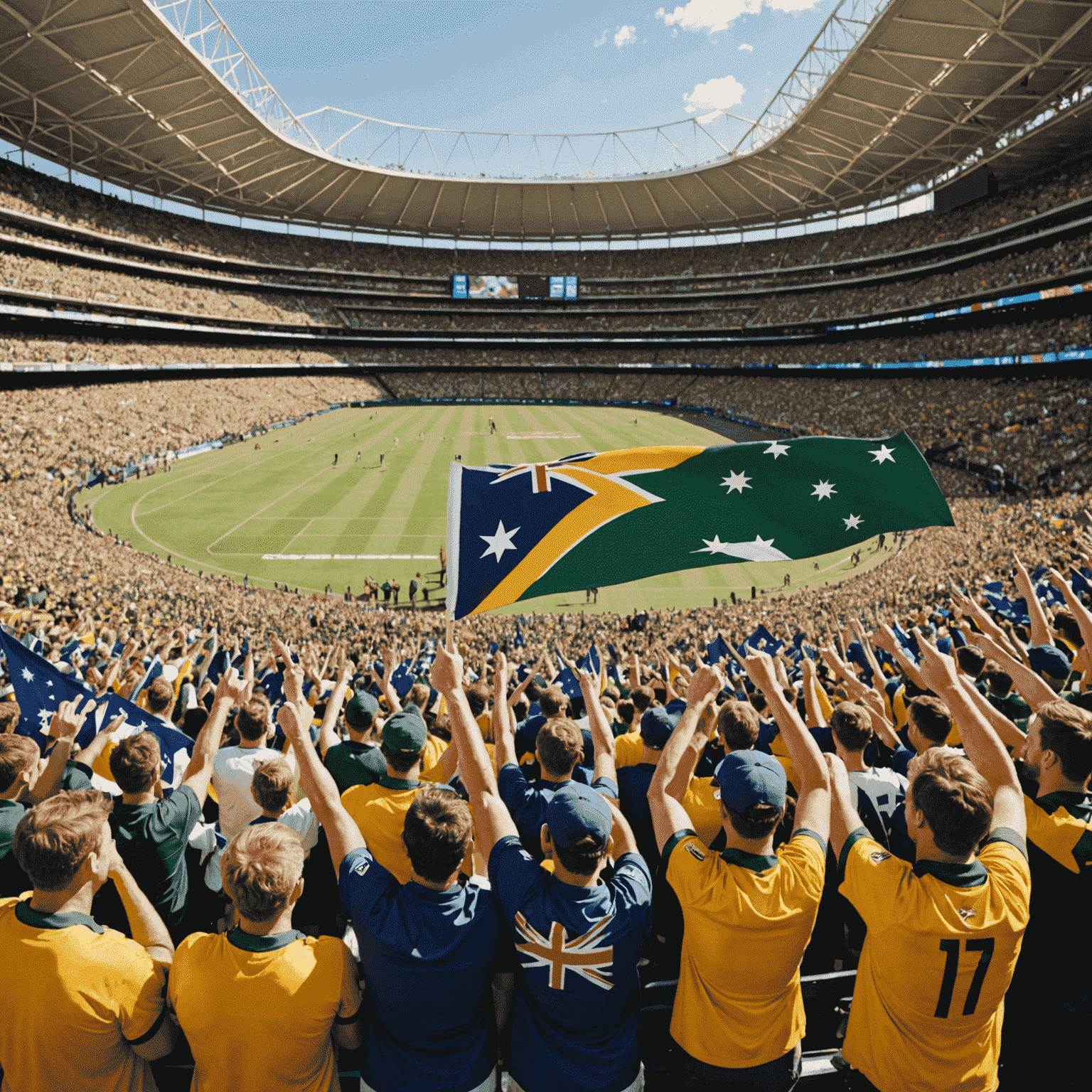 A crowded Australian sports stadium with fans cheering, wearing team colors and holding flags