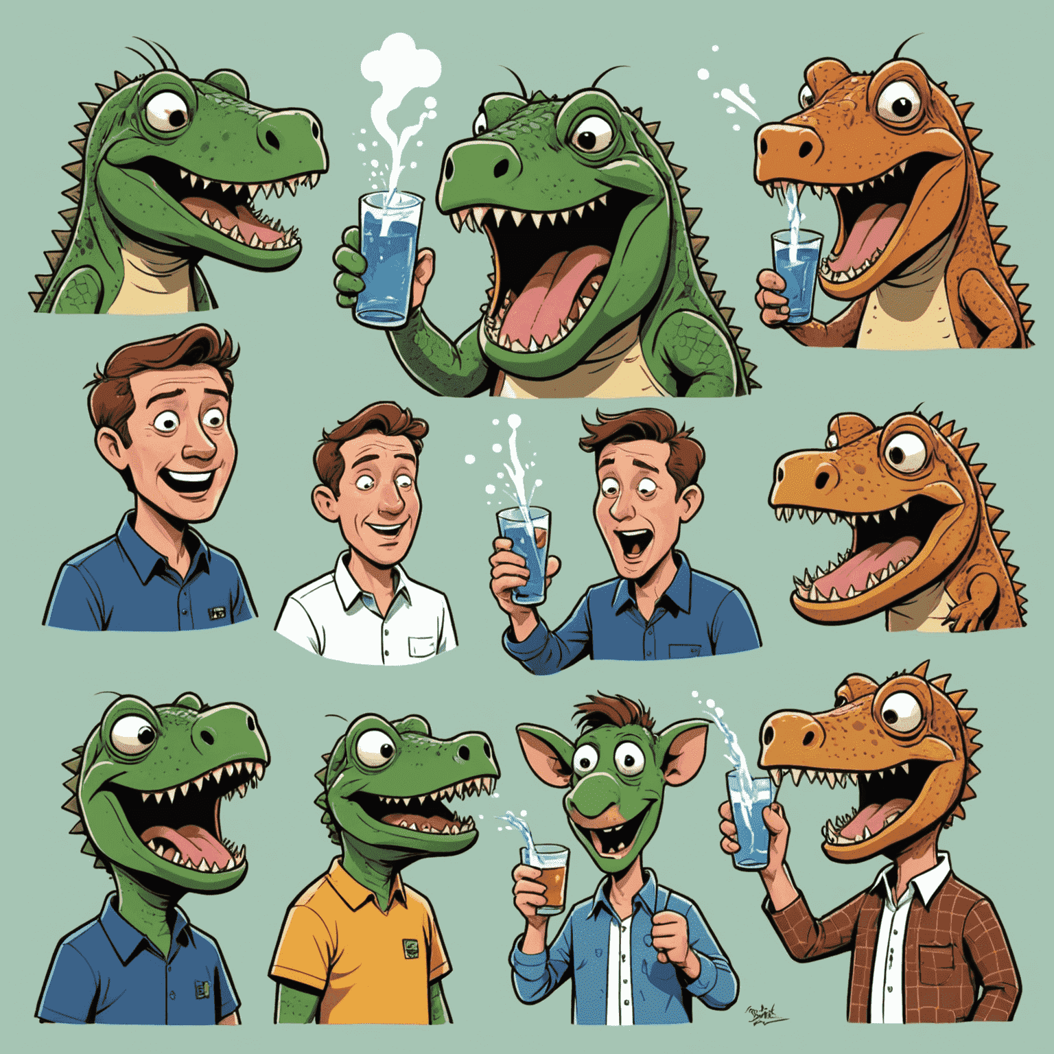 A cartoon-style illustration depicting various Aussie slang expressions with visual representations, such as a lizard drinking water rapidly, a person dramatically calling in sick, and a pork chop with exaggerated facial expressions