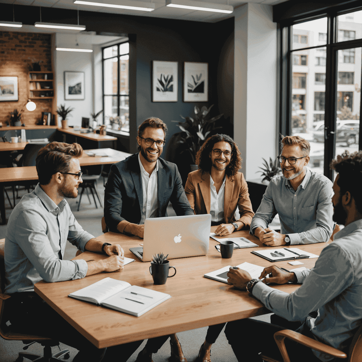 A diverse group of professionals in a modern Australian office setting, engaged in a casual yet productive meeting