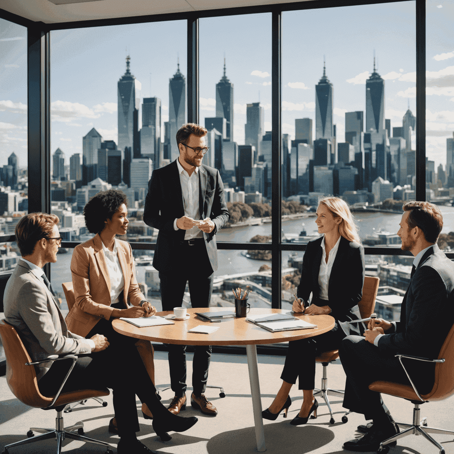 A diverse group of professionals in business attire having a casual meeting in an office with Australian art and a view of Melbourne skyline
