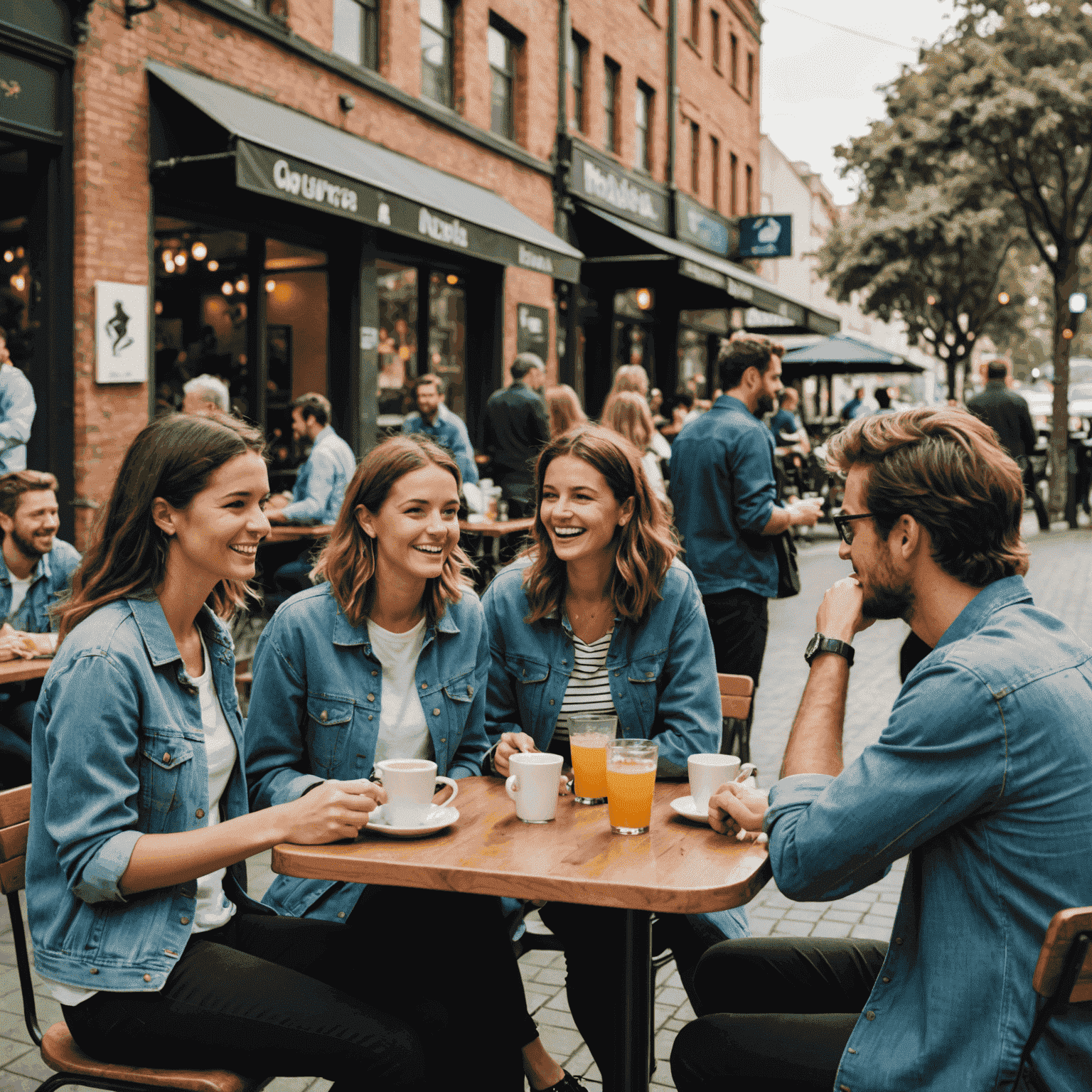 A group of friends having an animated conversation at an outdoor café in Melbourne, with street art visible in the background