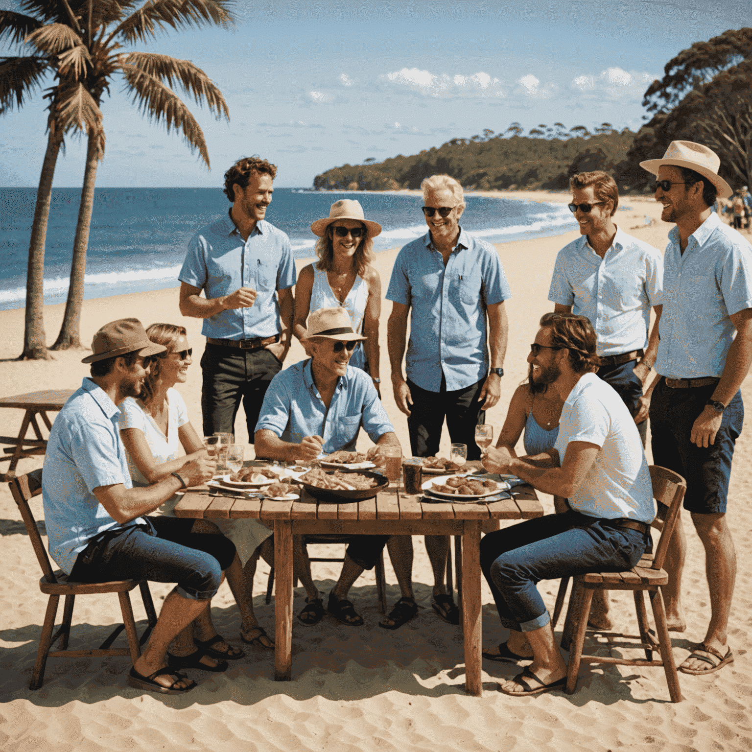 A diverse group of people confidently using Aussie slang in various settings - at a beach barbecue, in an office, and at a local pub - showcasing the versatility and widespread use of Australian expressions