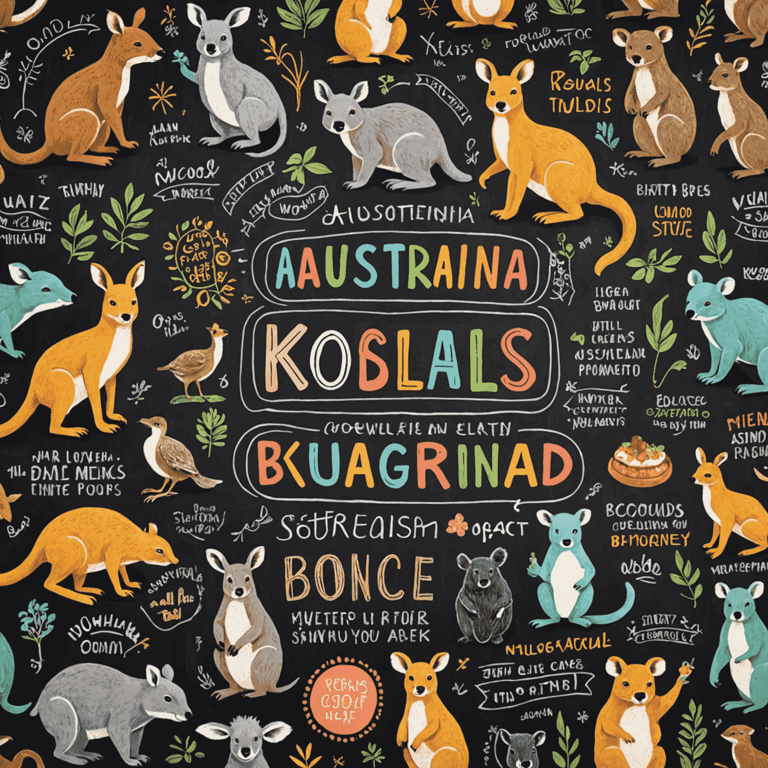 A colorful chalkboard filled with Australian slang words and phrases, surrounded by drawings of kangaroos, koalas, and boomerangs